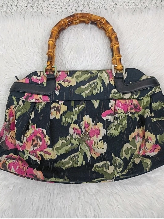 Talbots Black Floral Canvas Bamboo-Handle Tote Bag